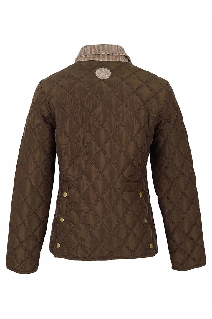 A brown diamond-quilted jacket shown from the back, featuring a beige collar and brass snap buttons, set against a plain white background.