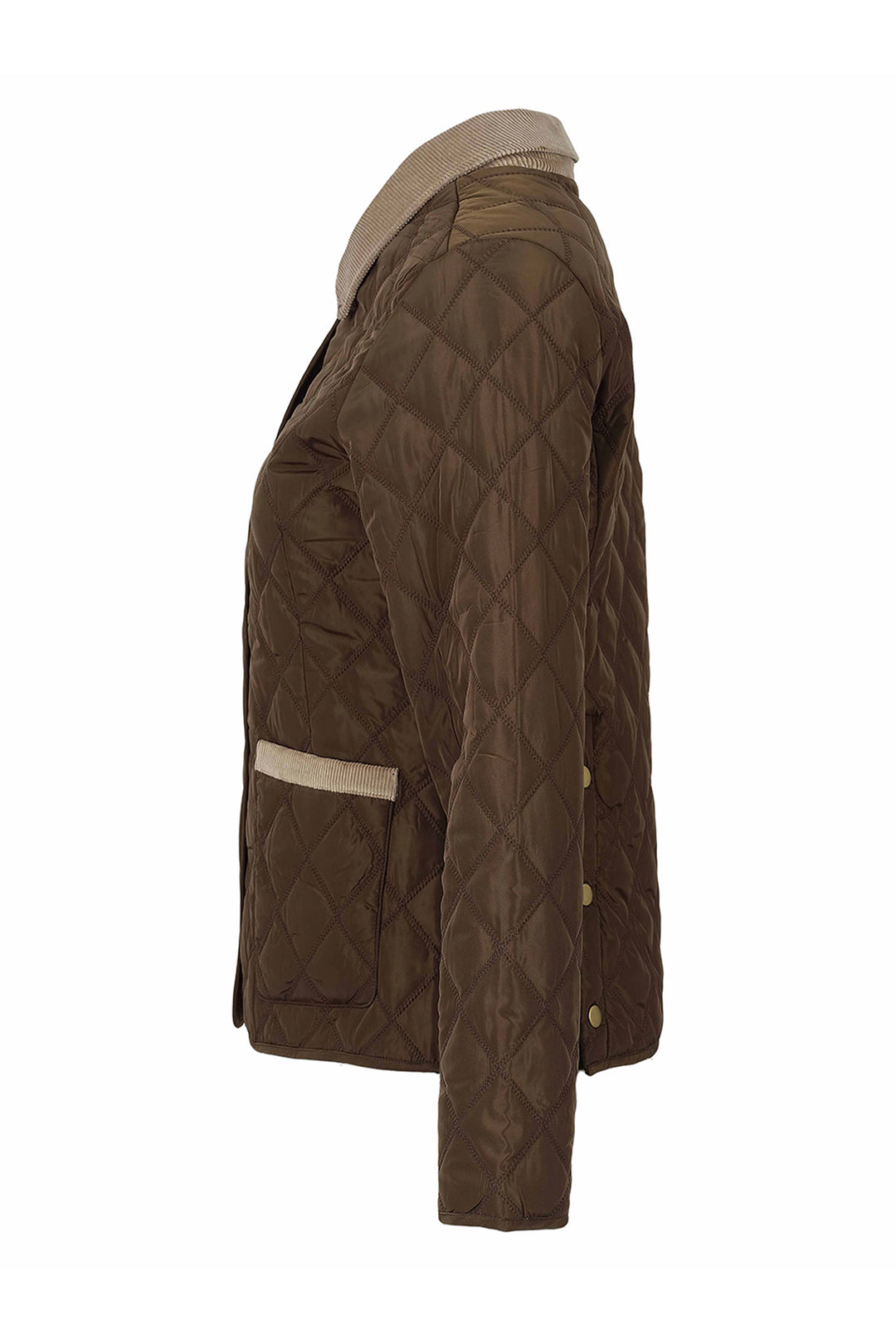 A brown diamond-quilted jacket with beige ribbed knit collar and pocket trim, shown from a side profile view on a white background.