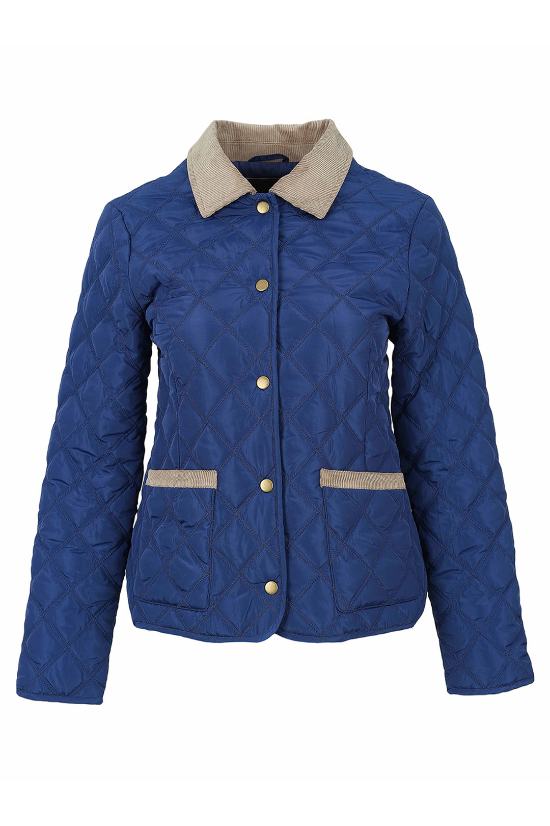 A blue quilted jacket with a beige corduroy collar and matching beige trim on the pockets, shown against a plain white background.
