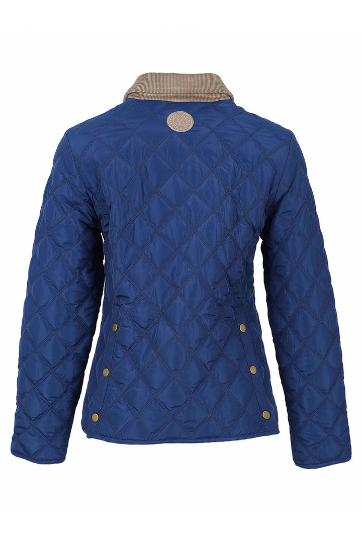 A blue quilted jacket shown from the back, featuring a diamond-quilted pattern, a beige collar, and gold-tone snap buttons.
