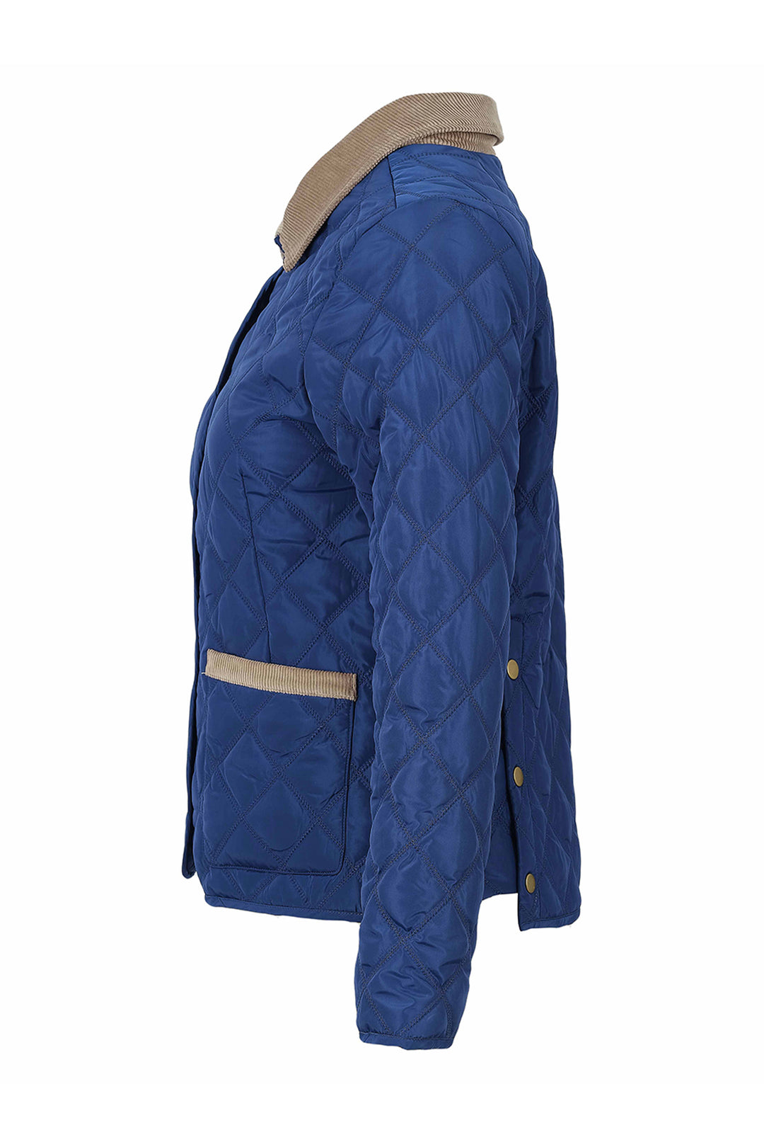 A blue quilted jacket with a tan collar and matching tan stripe detail on the pocket, shown from a side profile view against a white background.