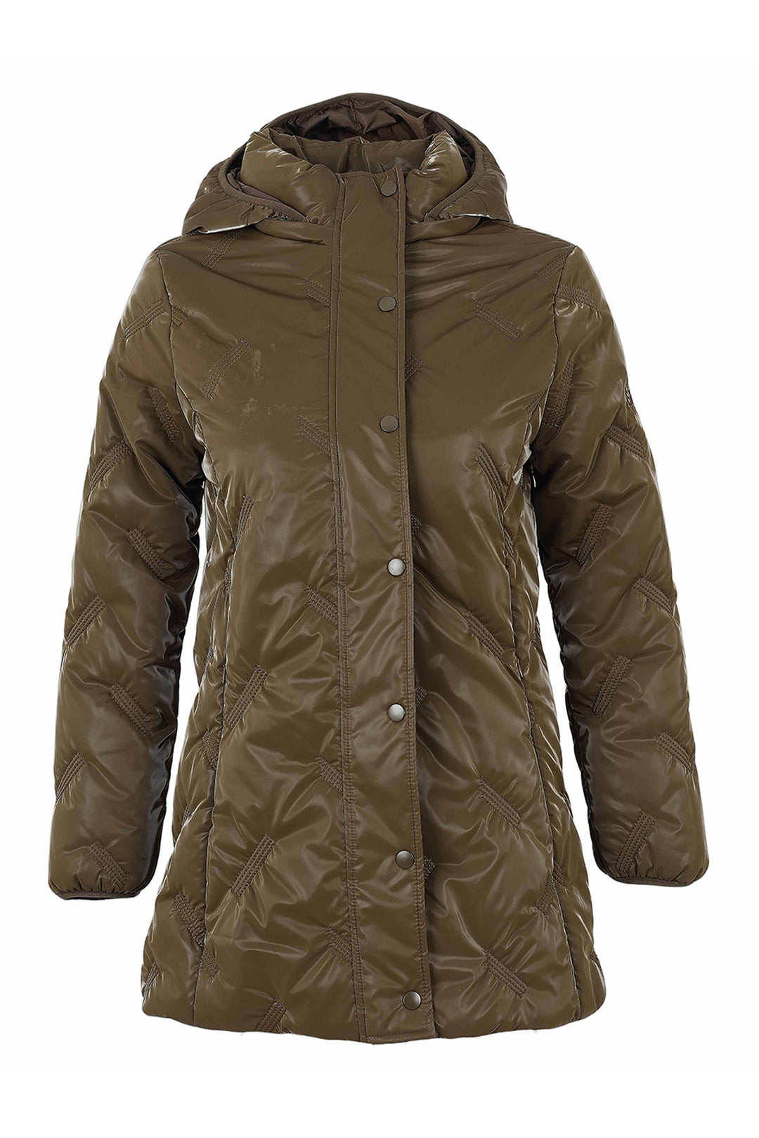 An brown quilted hooded jacket with a snap-button front, shown against a plain white background.
