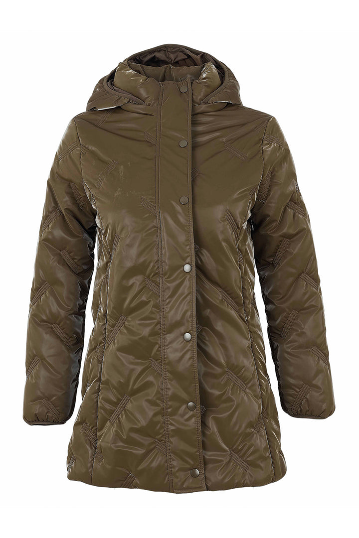 An brown quilted hooded jacket with a snap-button front, shown against a plain white background.