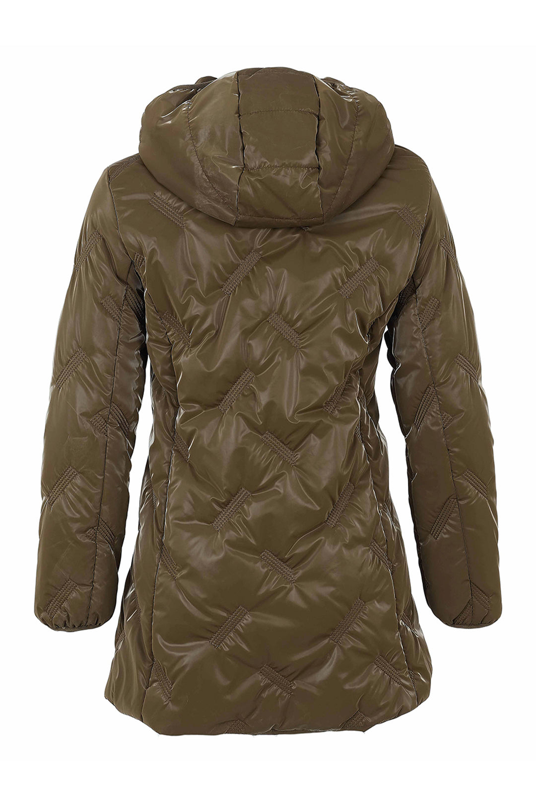 A back view of a hooded puffer jacket in olive green, featuring quilted stitching and a glossy finish, set against a plain white background.