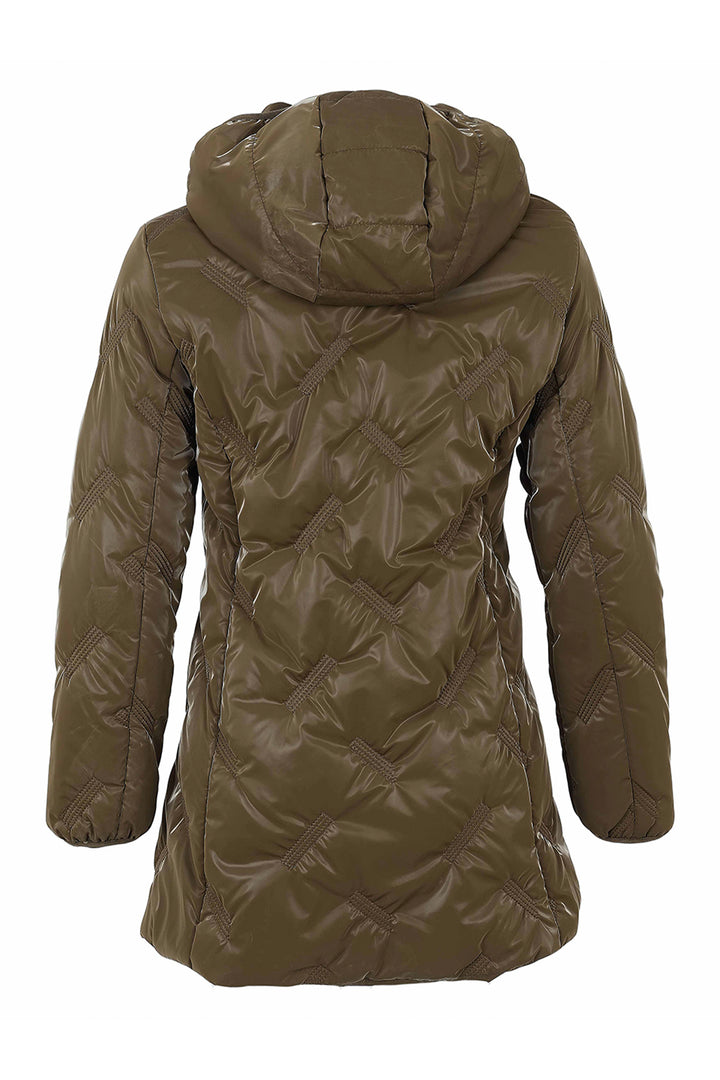 A back view of a hooded puffer jacket in olive green, featuring quilted stitching and a glossy finish, set against a plain white background.