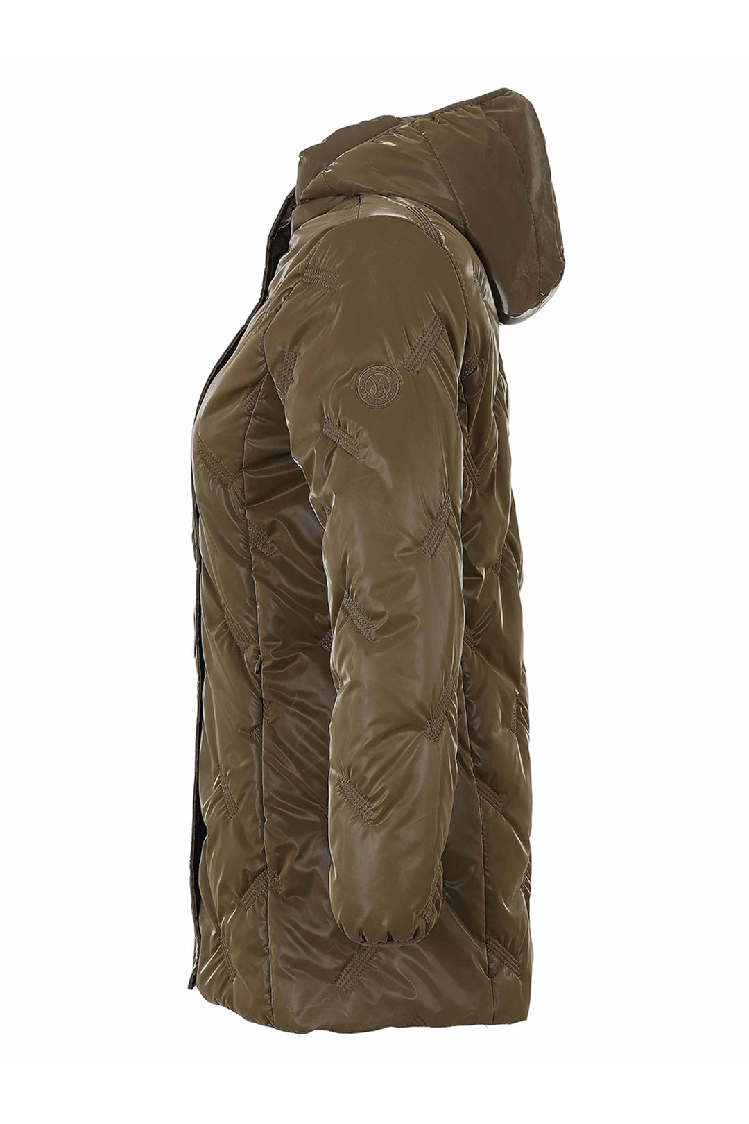 A side profile view of a hooded puffer jacket in olive green, featuring quilted stitching and a glossy finish, set against a plain white background.