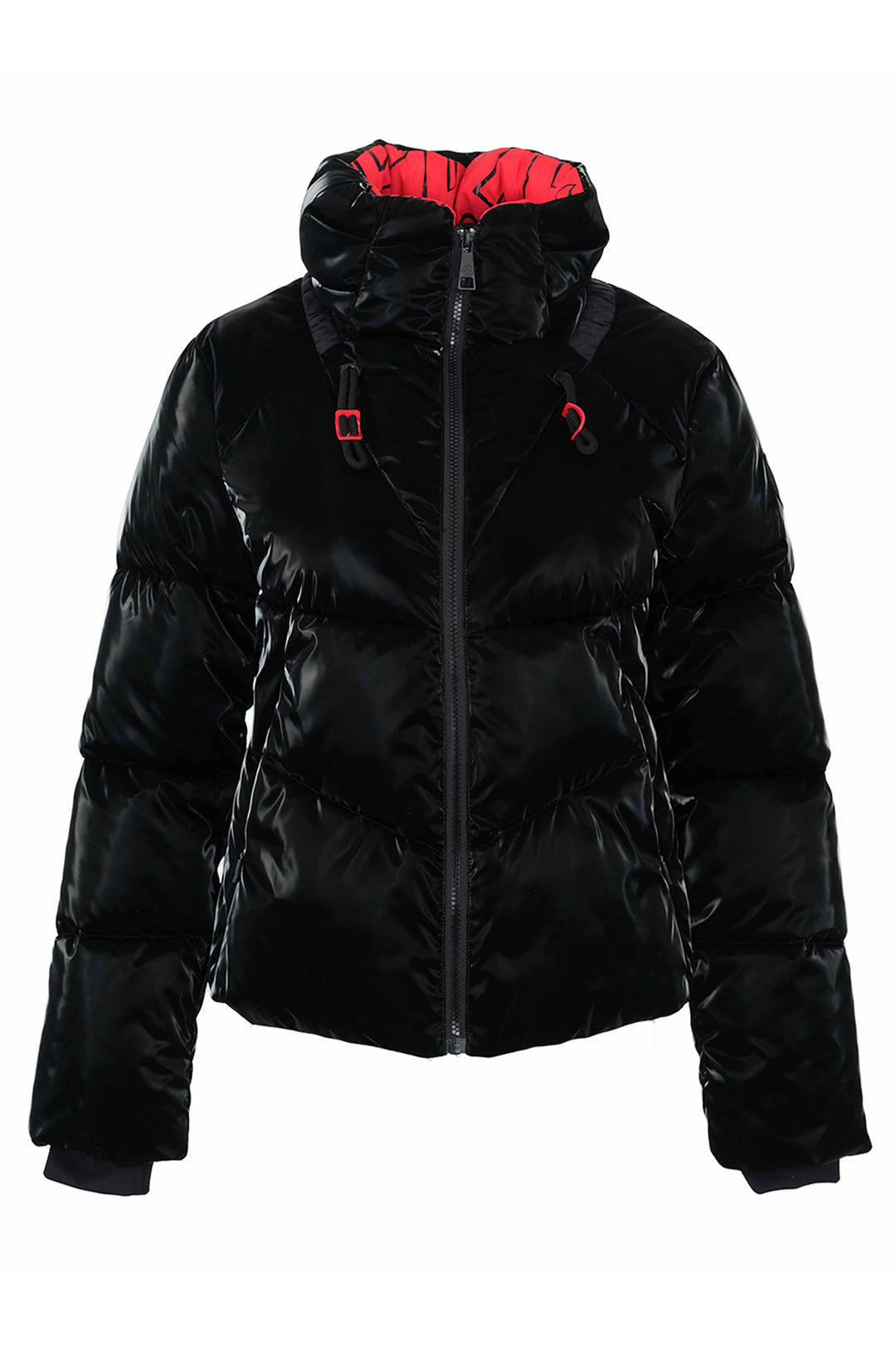 A black puffer jacket with horizontal quilting and a hood, against a plain white background.