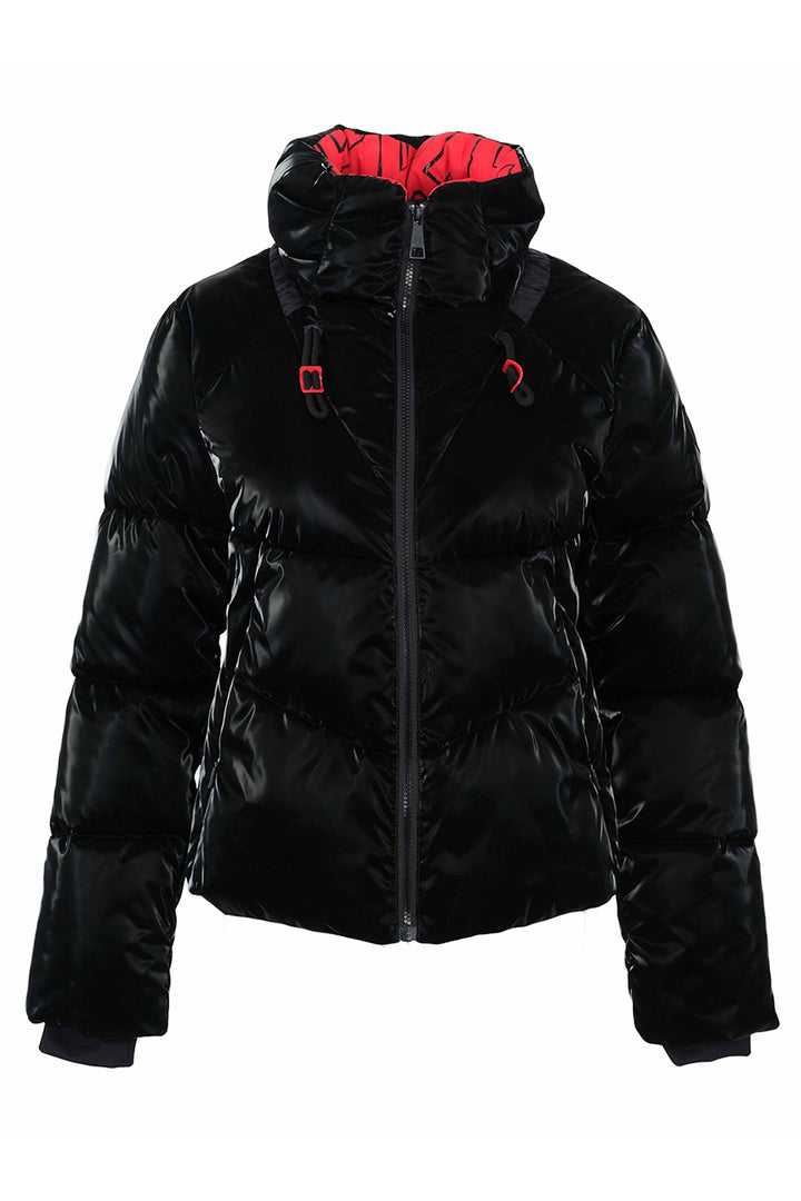 A black puffer jacket with horizontal quilting and a hood, against a plain white background.