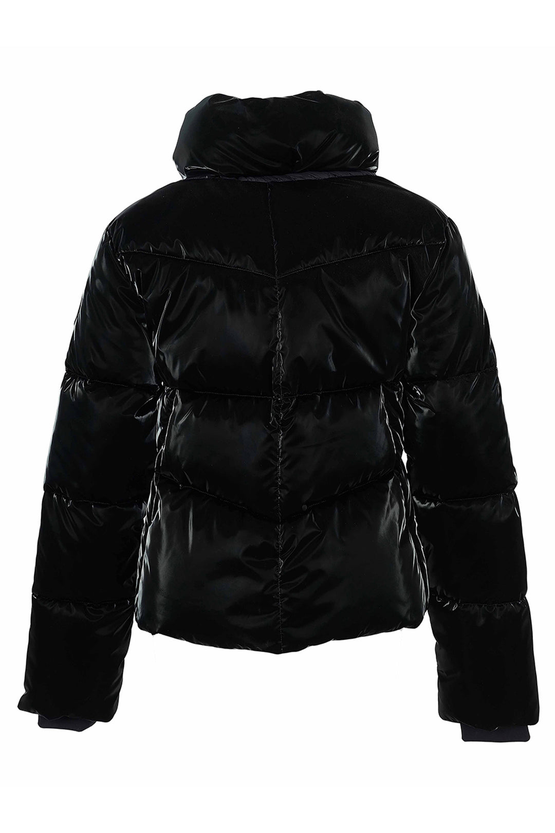 A black puffer jacket with horizontal quilting and a hood, shown from the back against a plain white background.