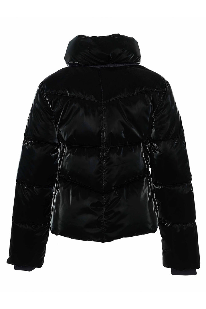 A black puffer jacket with horizontal quilting and a hood, shown from the back against a plain white background.