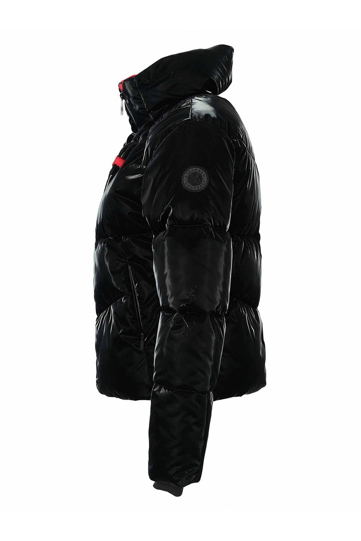 A black puffer jacket with horizontal quilting and a hood, shown from the side against a plain white background.