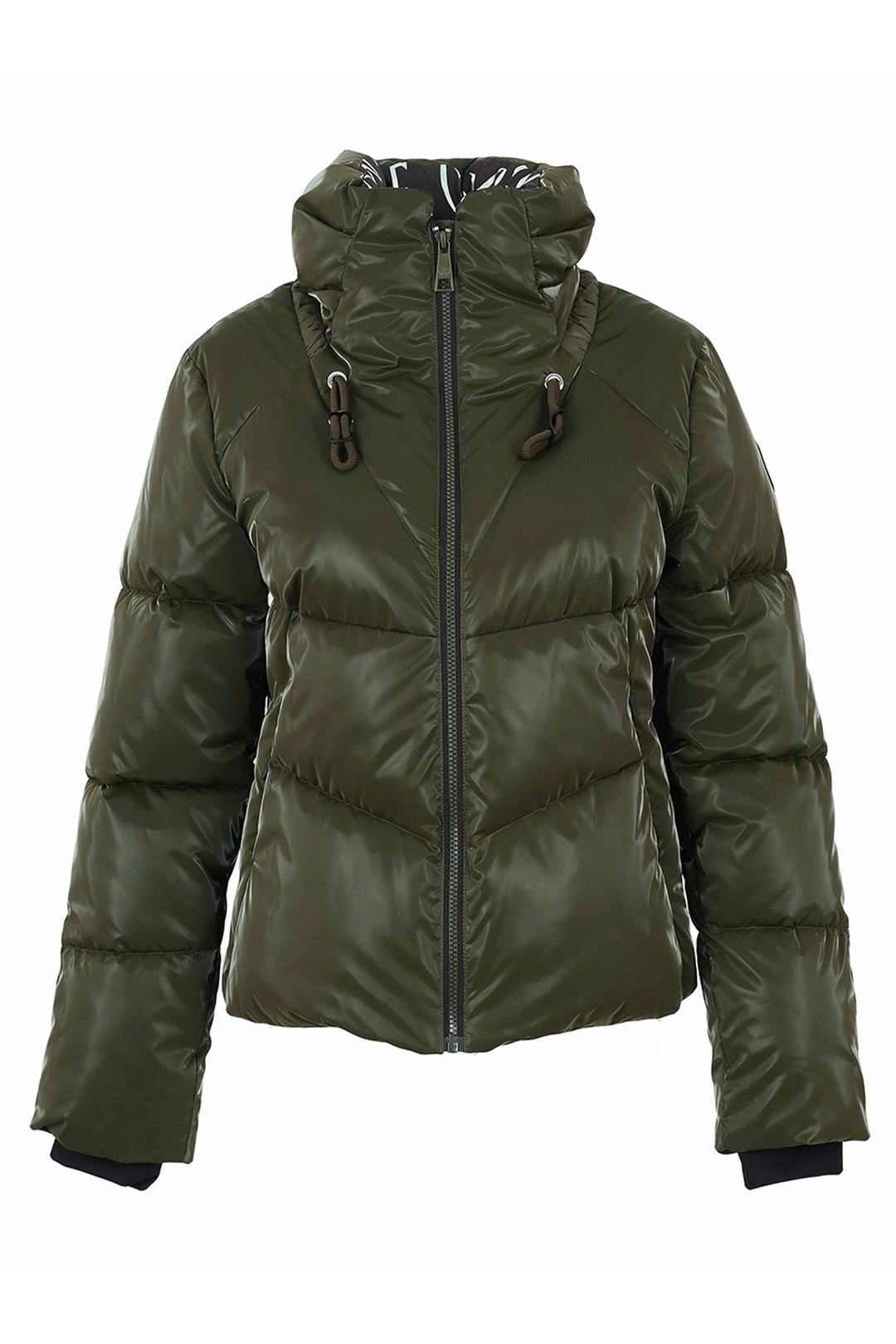 An olive green puffer jacket with a hood, front zipper, and drawstring details, shown against a plain white background.