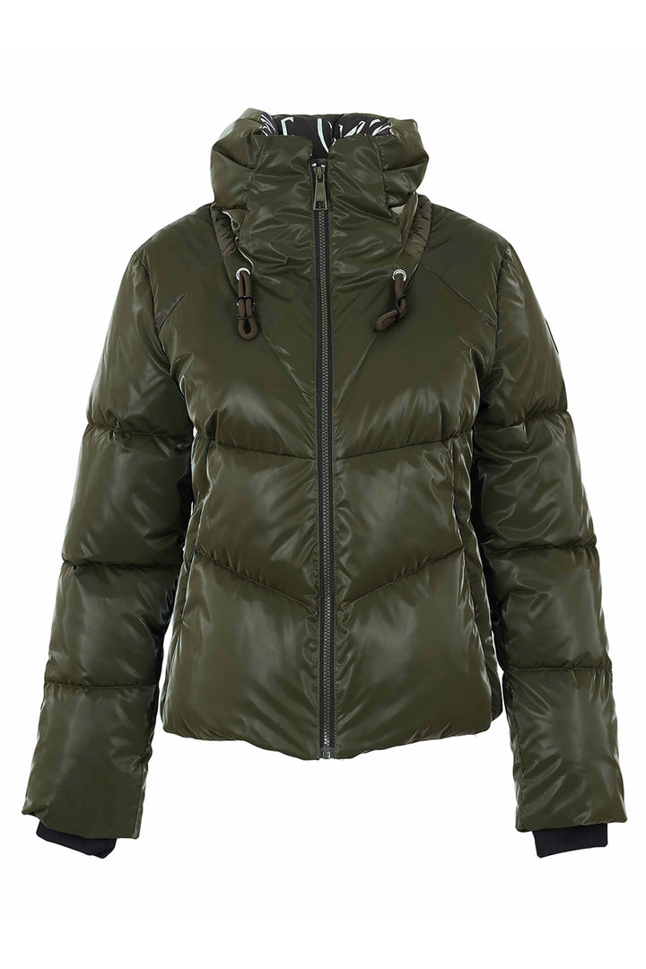 An olive green puffer jacket with a hood, front zipper, and drawstring details, shown against a plain white background.
