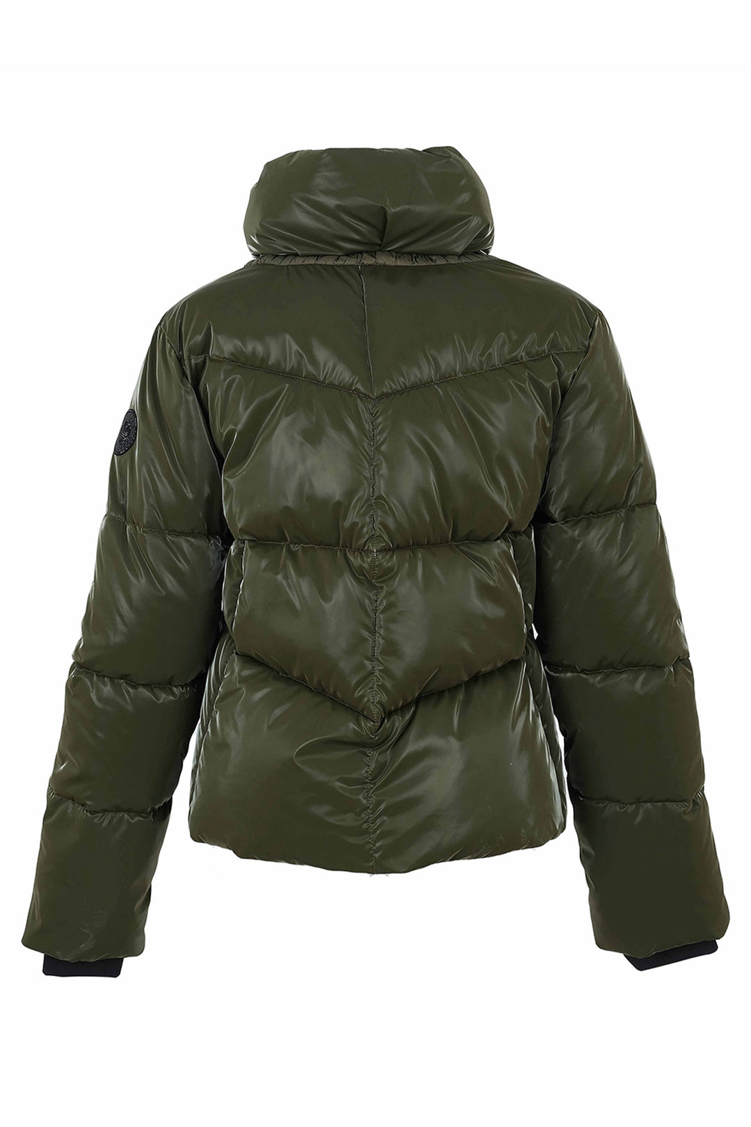 An olive green puffer jacket shown from the back against a plain white background. The jacket features horizontal quilting, a high collar, and a circular black logo patch on the upper left sleeve.
