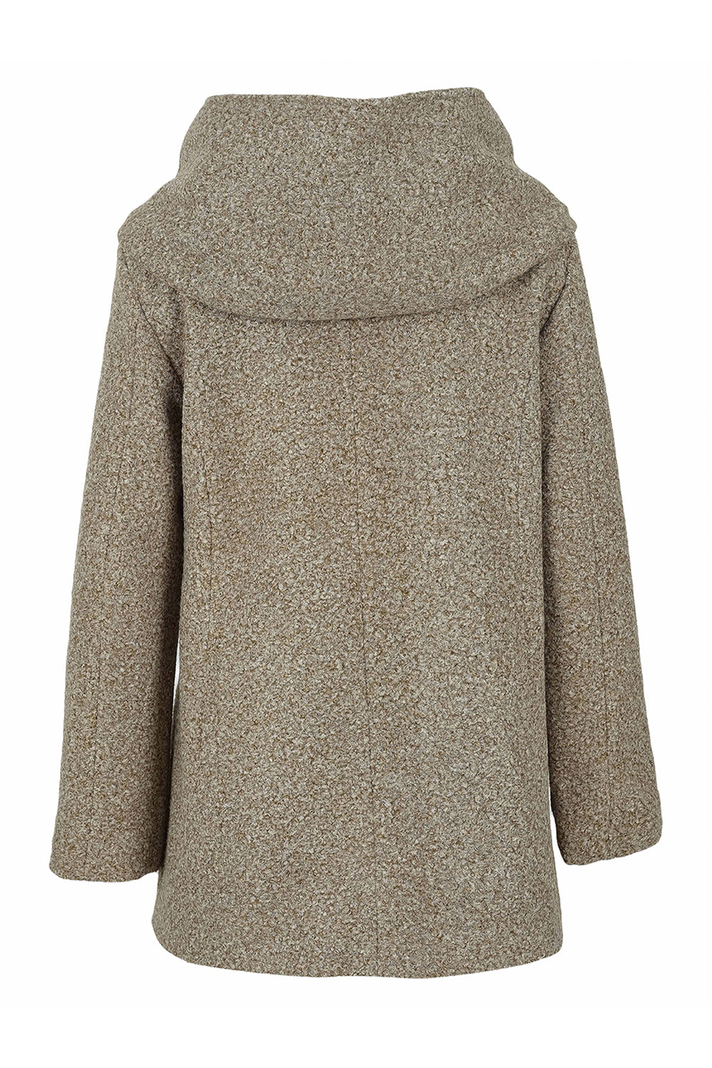 A woman's taupe hooded boucle coat shown from the back in front of a white background. 