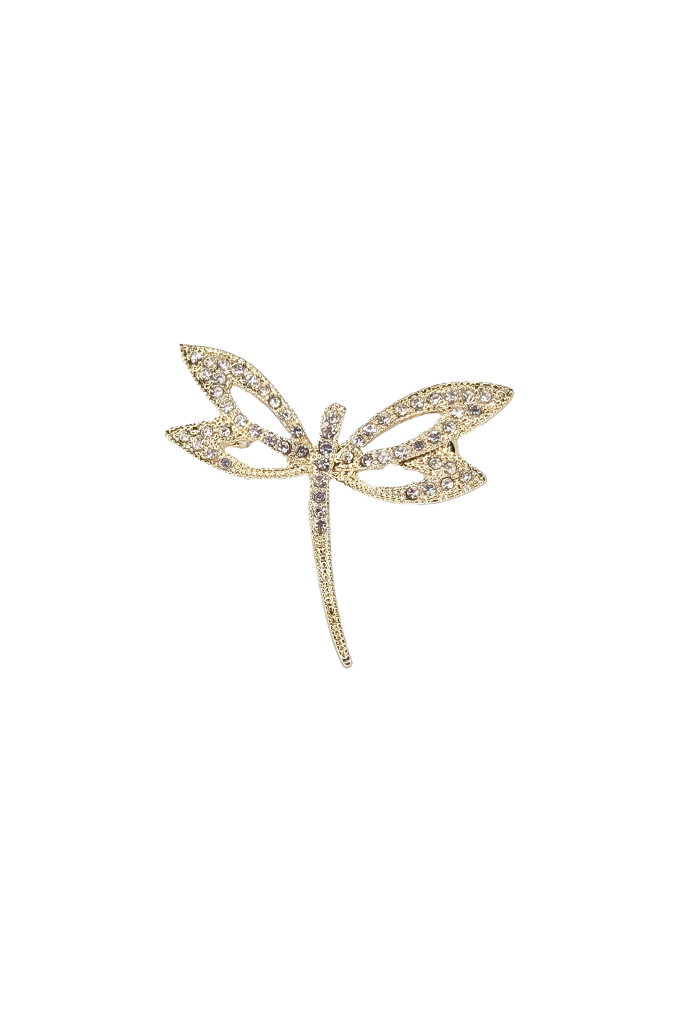 Gold dragon-fly-shaped brooch lapel pin with crystal gemstones on a white background