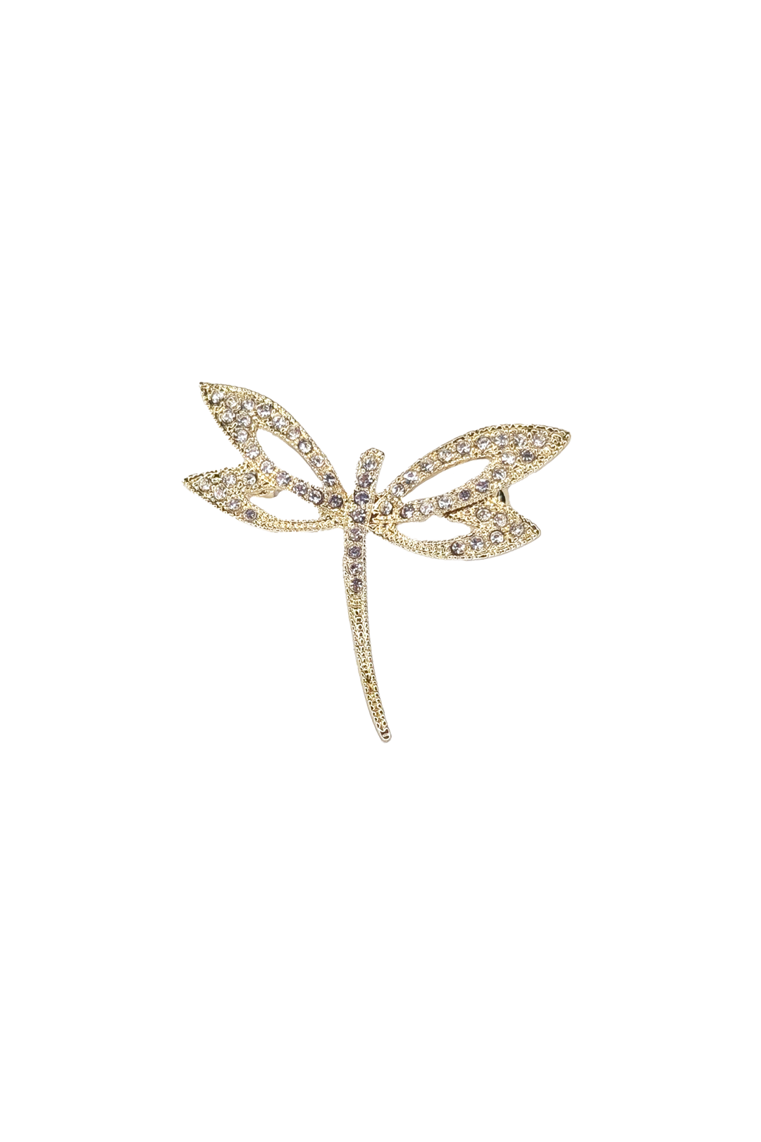 Gold dragon-fly-shaped brooch lapel pin with crystal gemstones on a white background