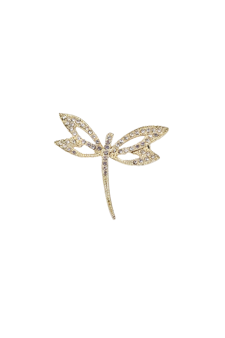 Gold dragon-fly-shaped brooch lapel pin with crystal gemstones on a white background