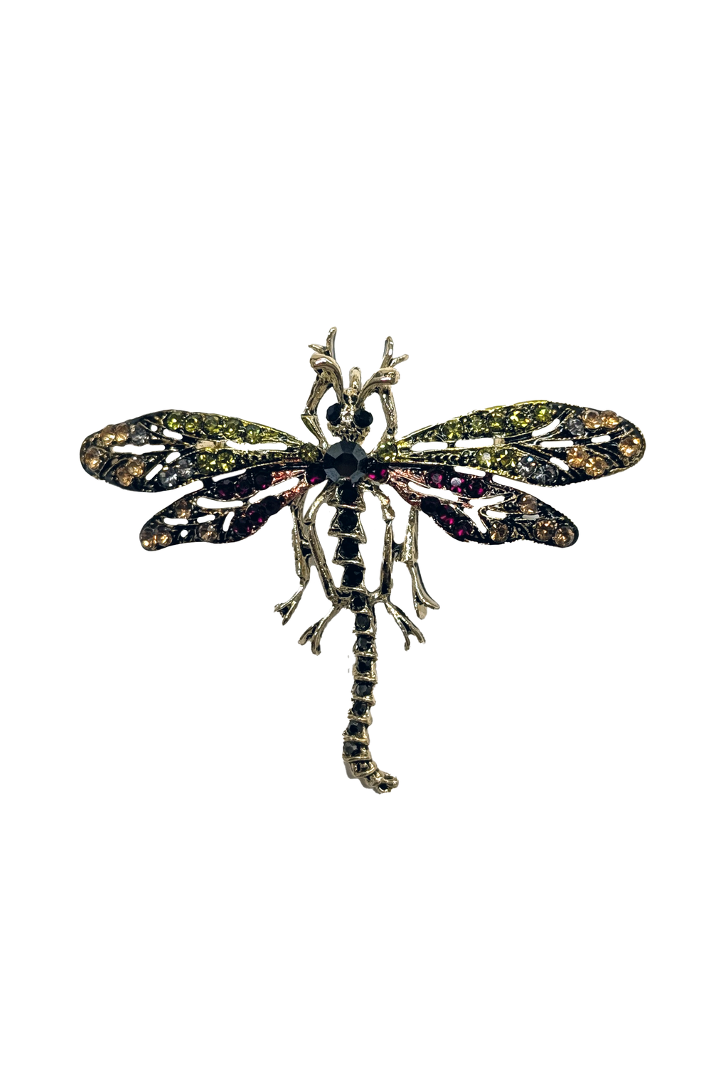 Green dragon-fly-shaped brooch lapel pin with crystal gemstones on a white background