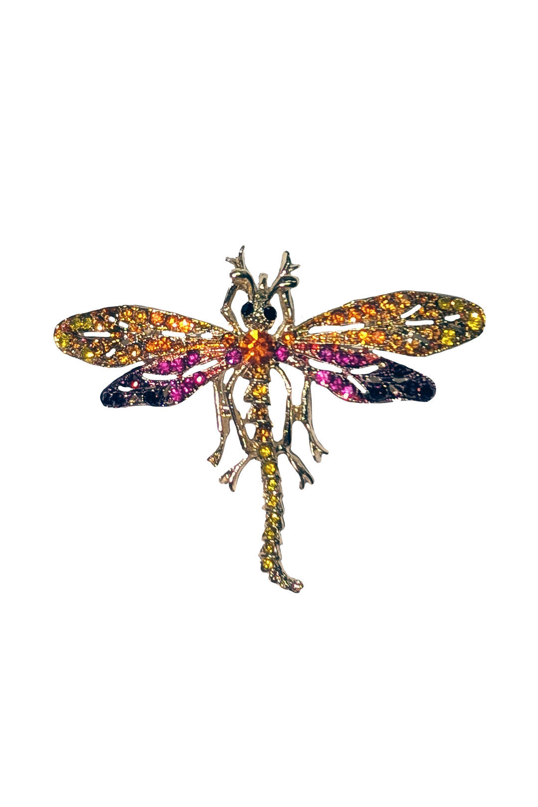 Orange dragon-fly-shaped brooch lapel pin with crystal gemstones on a white background