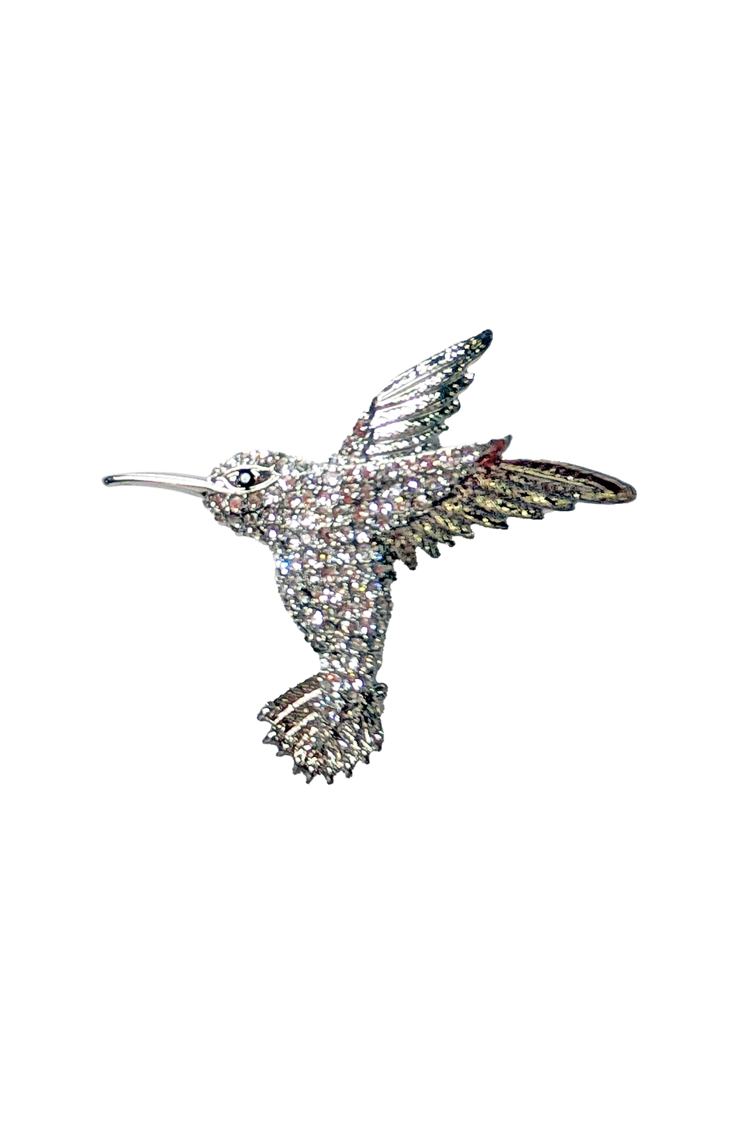 Decorative hummingbird brooch with multicolored gemstones on a white background