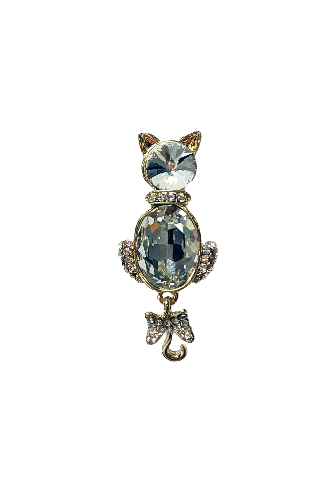Cat-shaped brooch with crystal-like gemstones on a white background