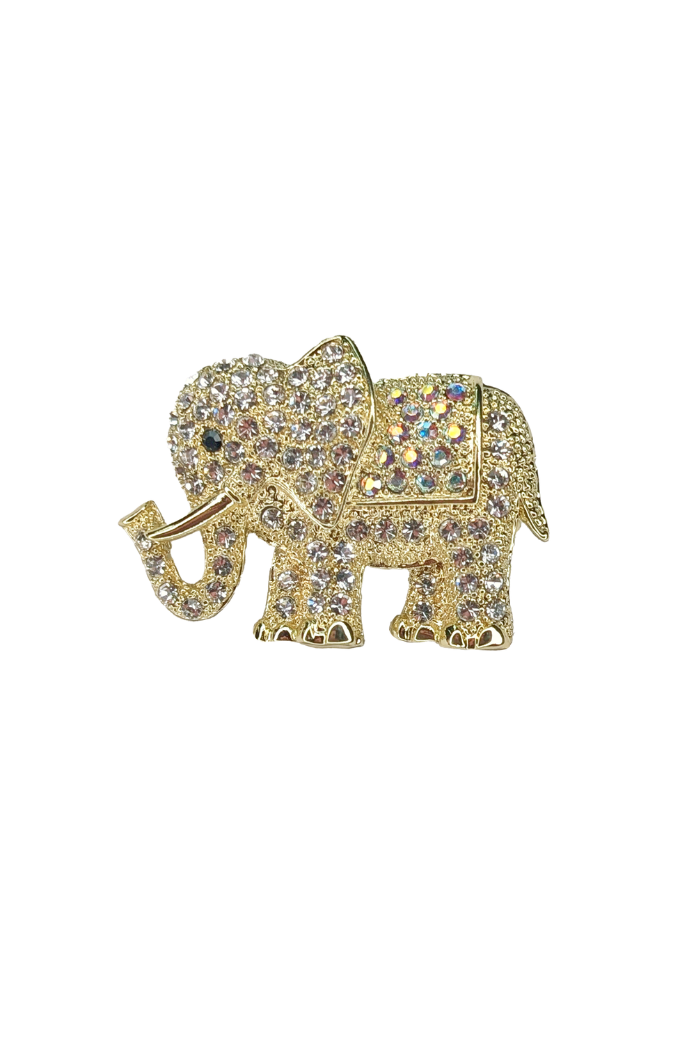 Gold elephant brooch with gemstones on a white background