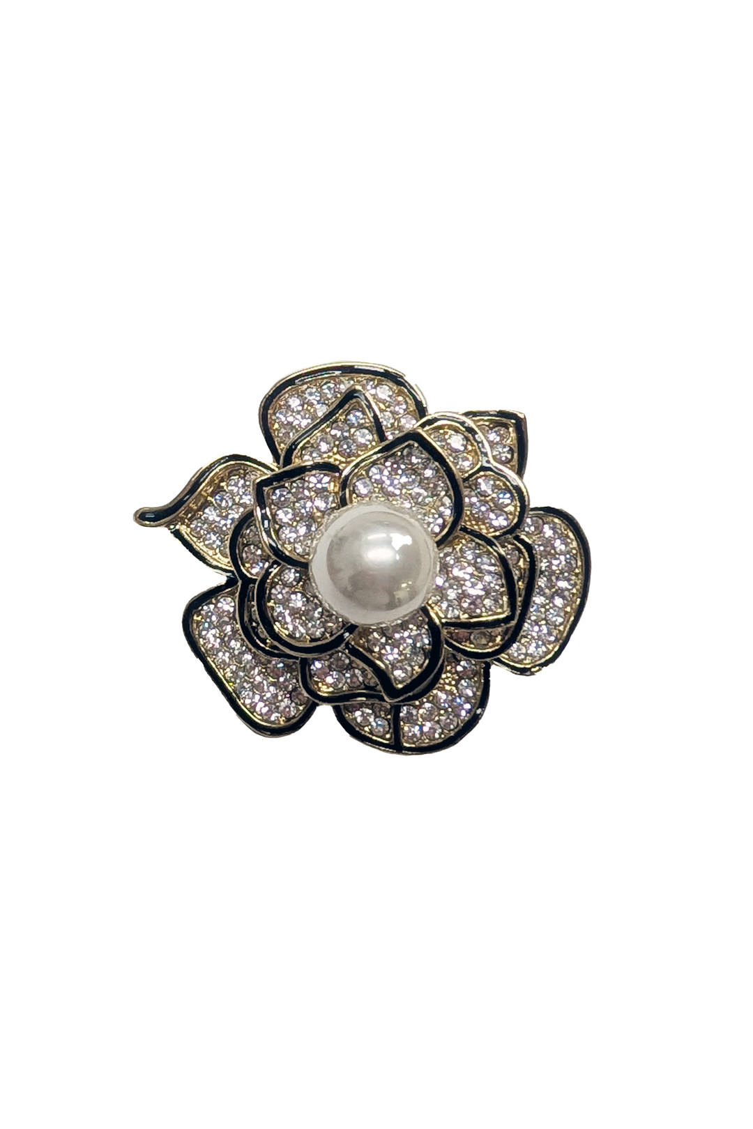 Decorative flower brooch with pearl center and rhinestone details on a white background