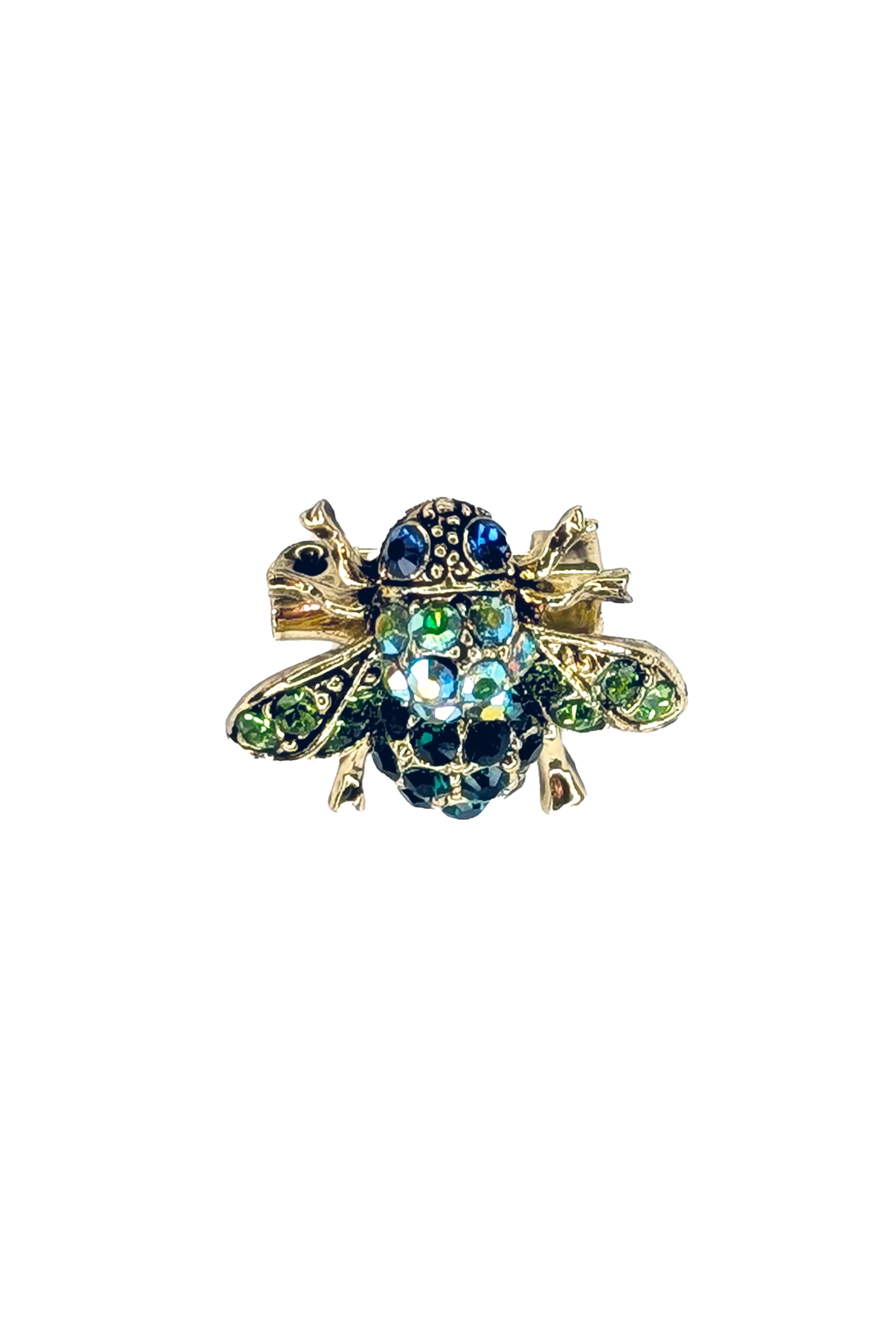 Bee-shaped brooch with green and blue gemstones on a white background