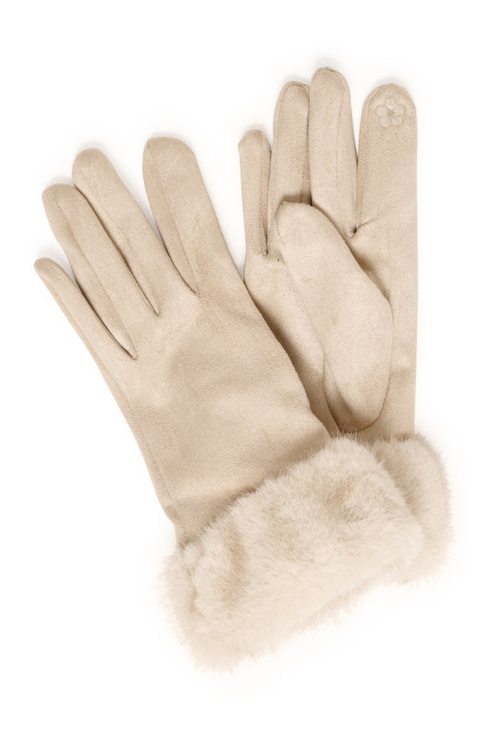 B.YOUNG Fall 2025 
Elevate your winter style with these sophisticated gloves featuring delicate fur trim at the wrist. Crafted for a classic look, they offer a soft feel and gentle stretch for comfortable wear.