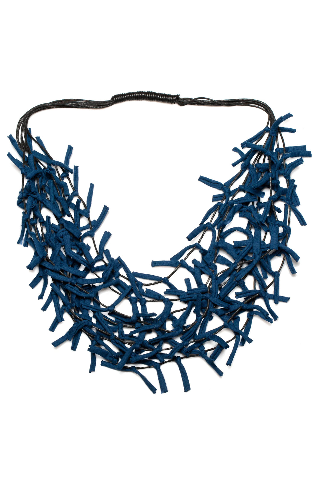 Blue necklace with a black band on a white background