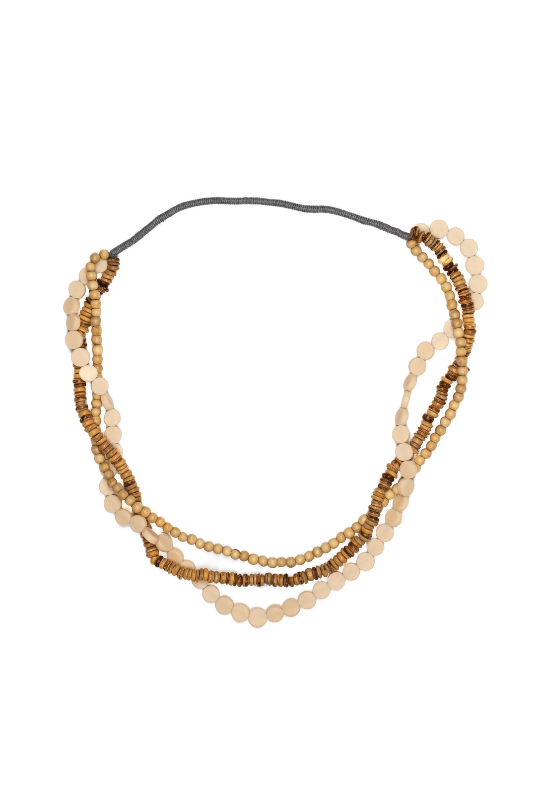 Beaded necklace with brown and beige beads on a white background