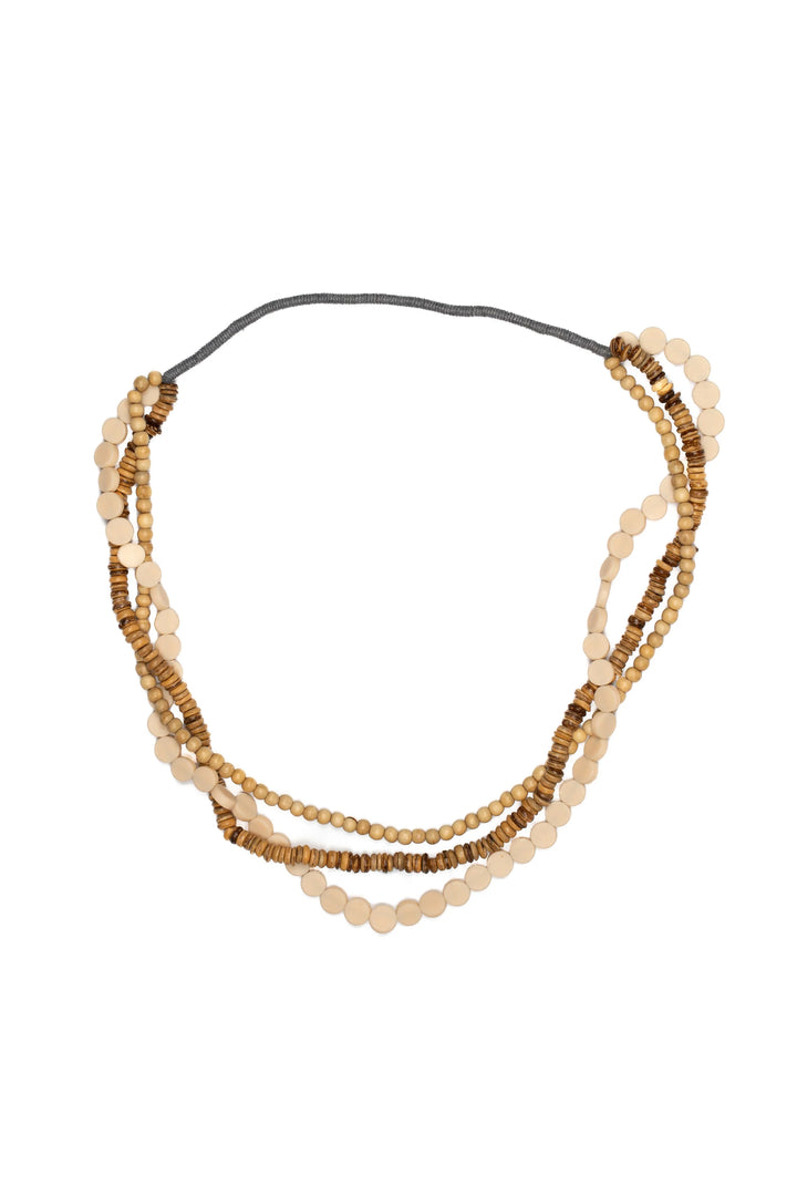 Beaded necklace with brown and beige beads on a white background