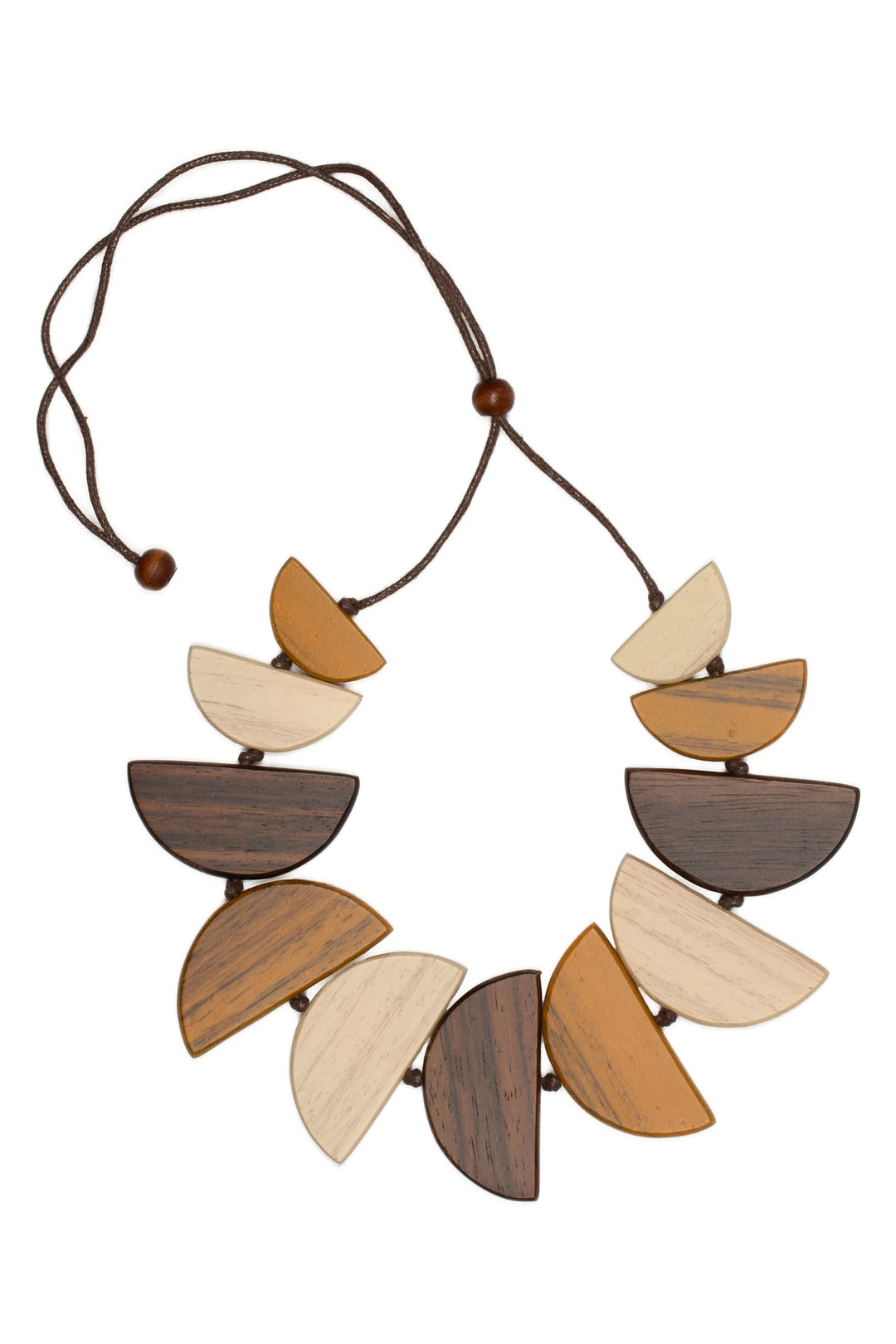 Necklace with wooden pendant on a white background