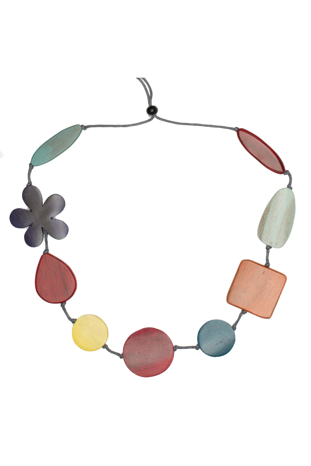 Colorful necklace with various shaped beads on a white background