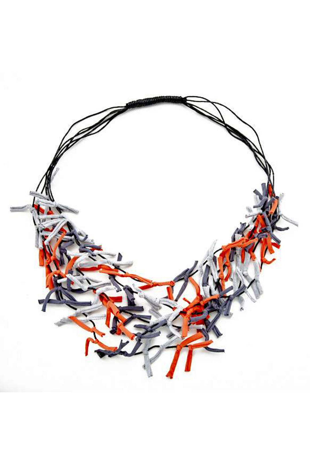 Necklace with orange, gray, and black ribbons on a white background