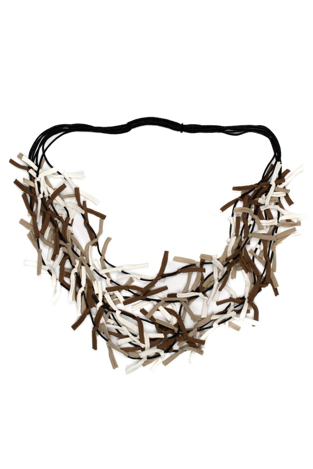 Necklace with brown and beige ribbons on a white background