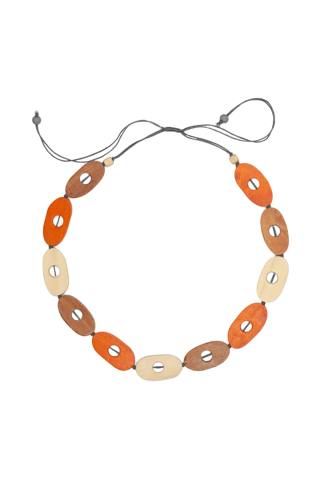 Necklace with orange tone wooden beads on a white background