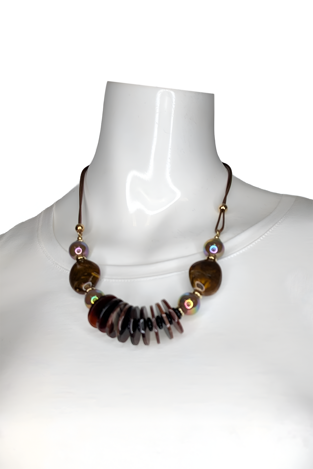 Necklace with multicolored beads on a mannequin against a white background
