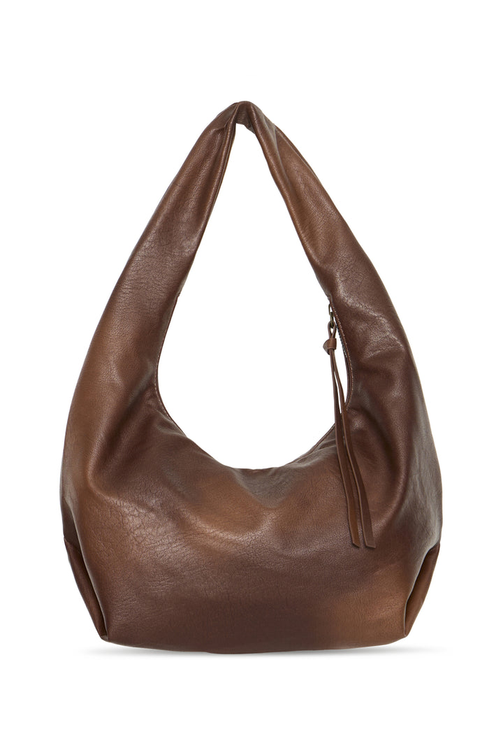 Brown leather handbag on a white background