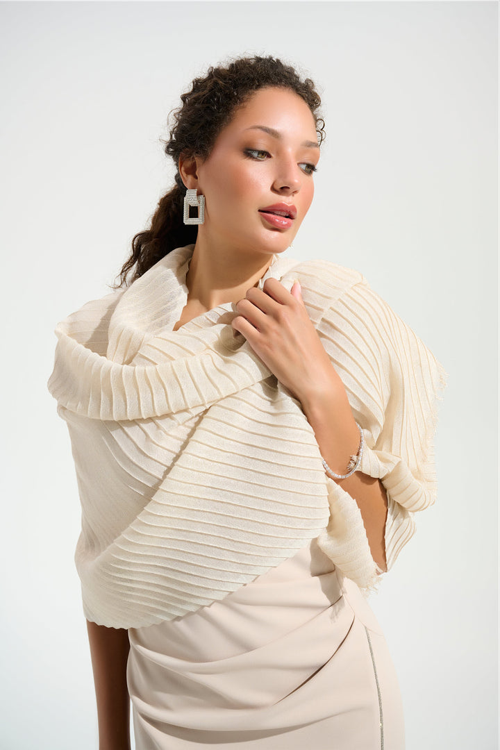JOSEPH RIBKOFF Spring 2026 
Elevate your ensemble with this refined pleated scarf, where delicate craftsmanship meets effortless elegance. The distinctive pleated design adds textural interest and movement, while the silky fabric drapes beautifully against the skin.