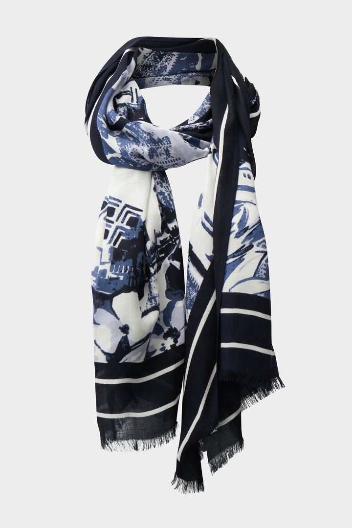 Scarf with blue and white floral pattern on a white background