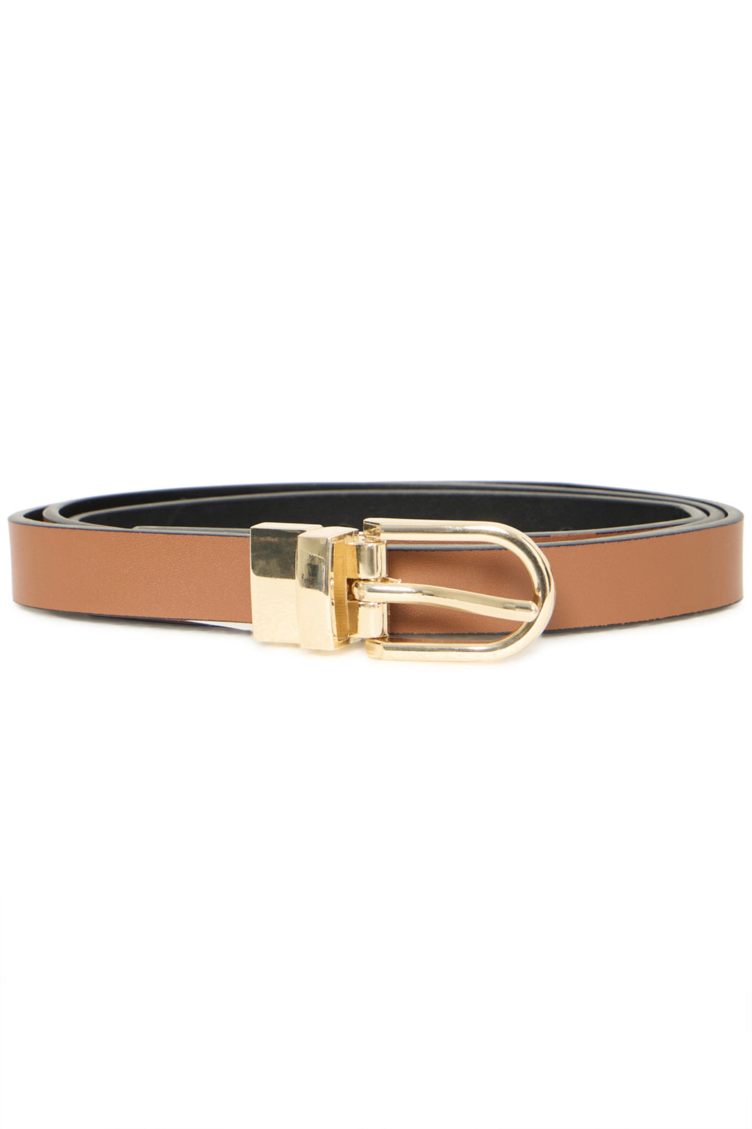Black and brown belt with a gold buckle on a white background