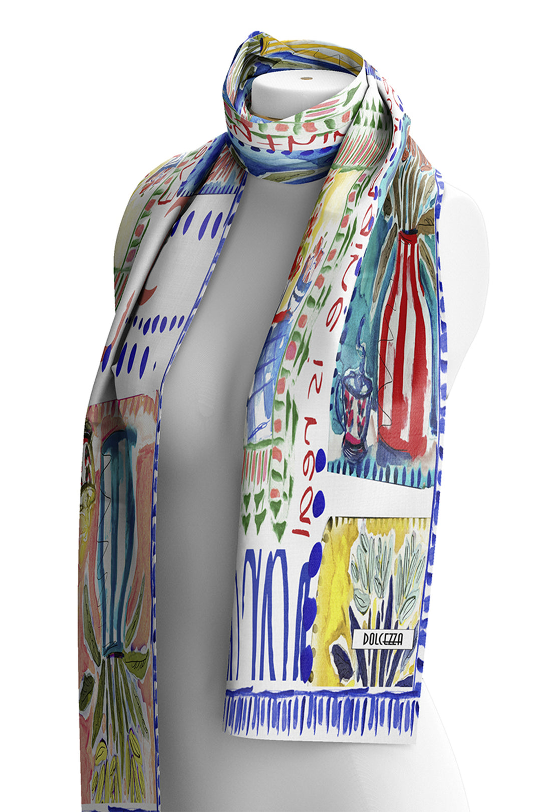 Colorful scarf with artistic flower design on a mannequin against a white background