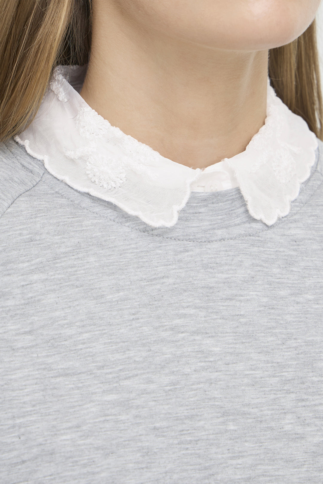 Gray sweater with a white detachable lace collar