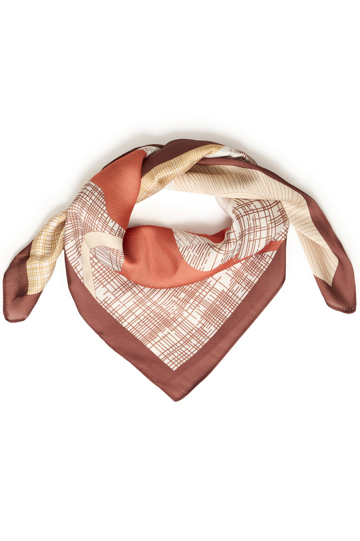 Neatly folded square scarf with brown and beige pattern on a white background