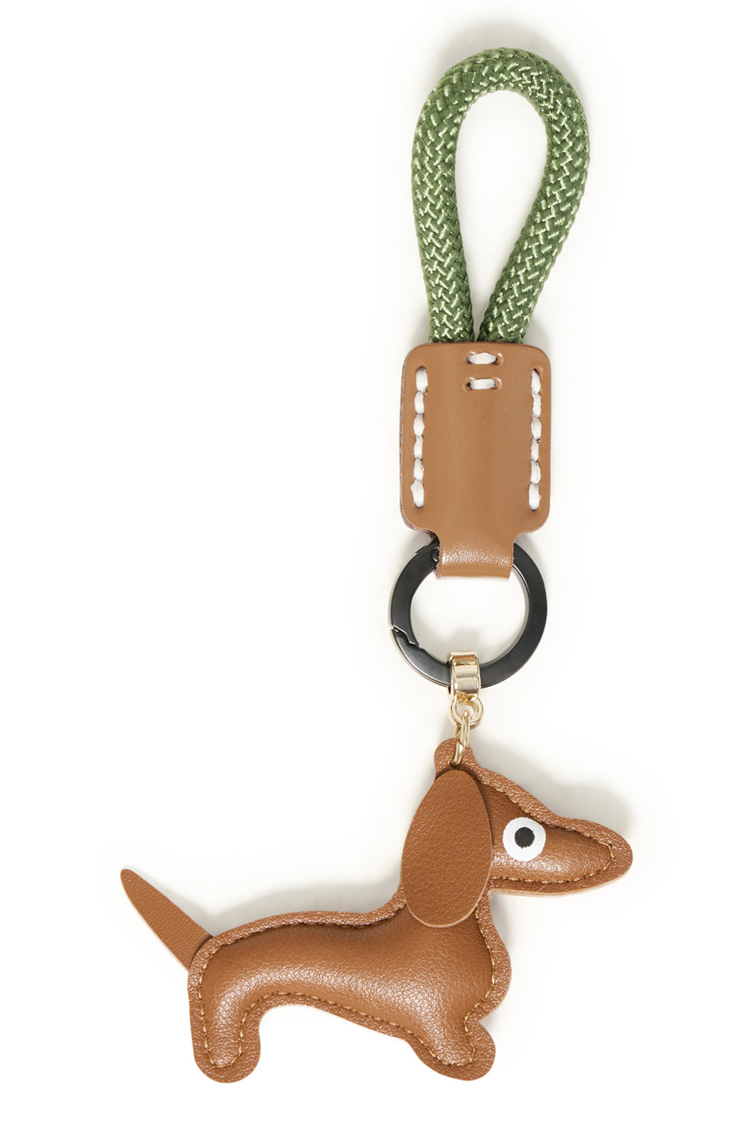 Keychain with dachshund charm and green rope on a white background