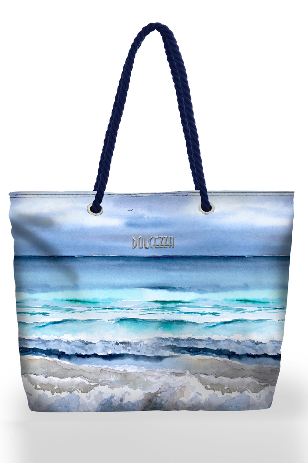 Tote bag with beach scene design and visible brand name on a white background