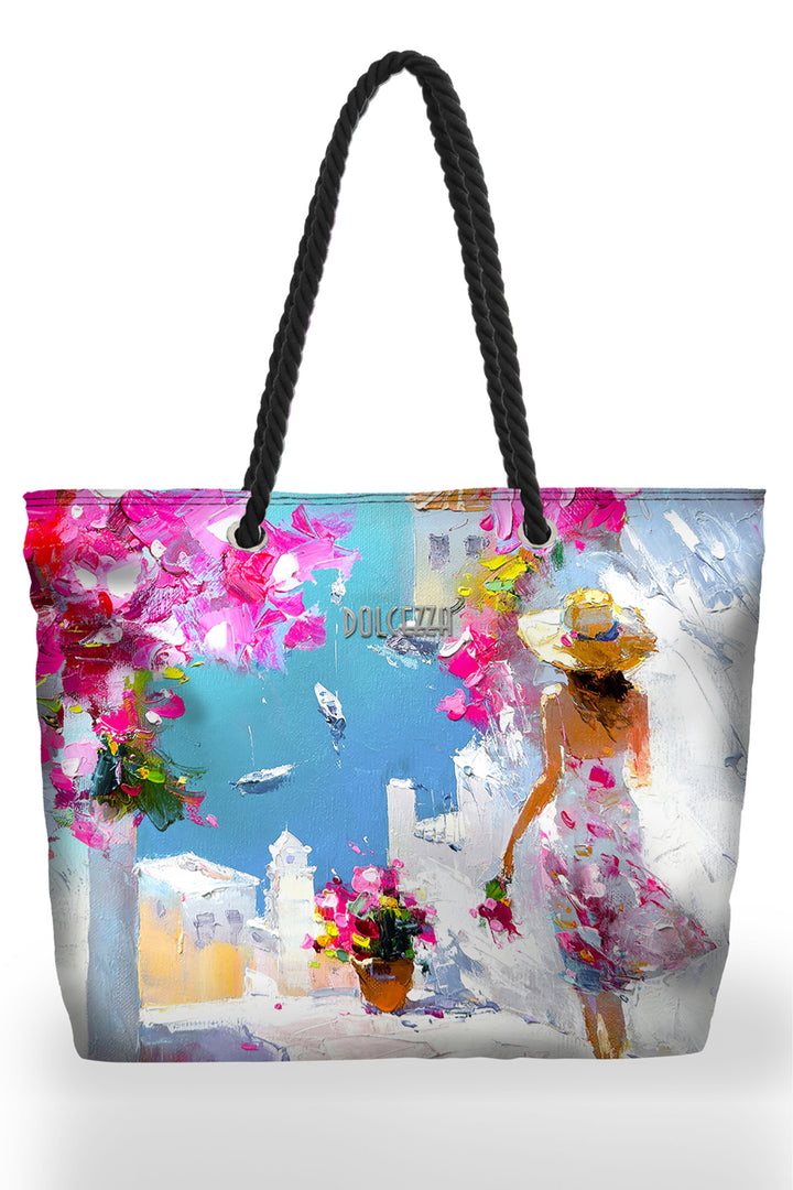 Tote bag with a colorful design of a woman in a floral dress and flowers, featuring the Dolce&Gabbana logo.