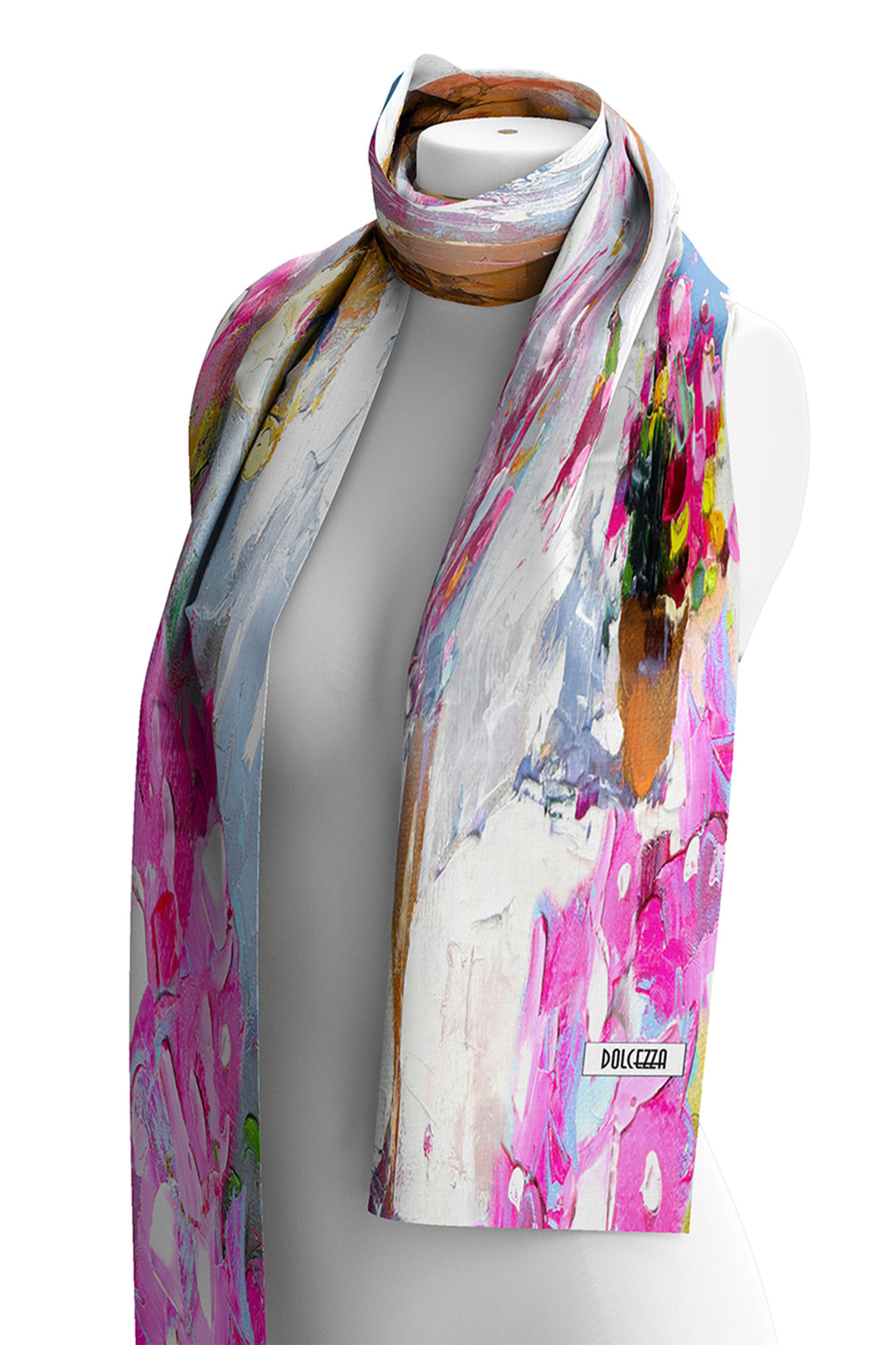 Colorful abstract scarf on a mannequin with visible brand name.